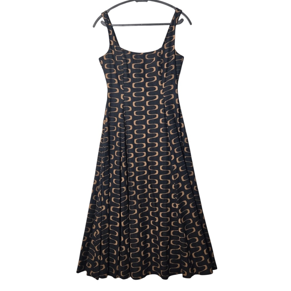 Christian Lacroix Linen Blend Geometric Midi Dress Black Tan US 2 Riviera Resort